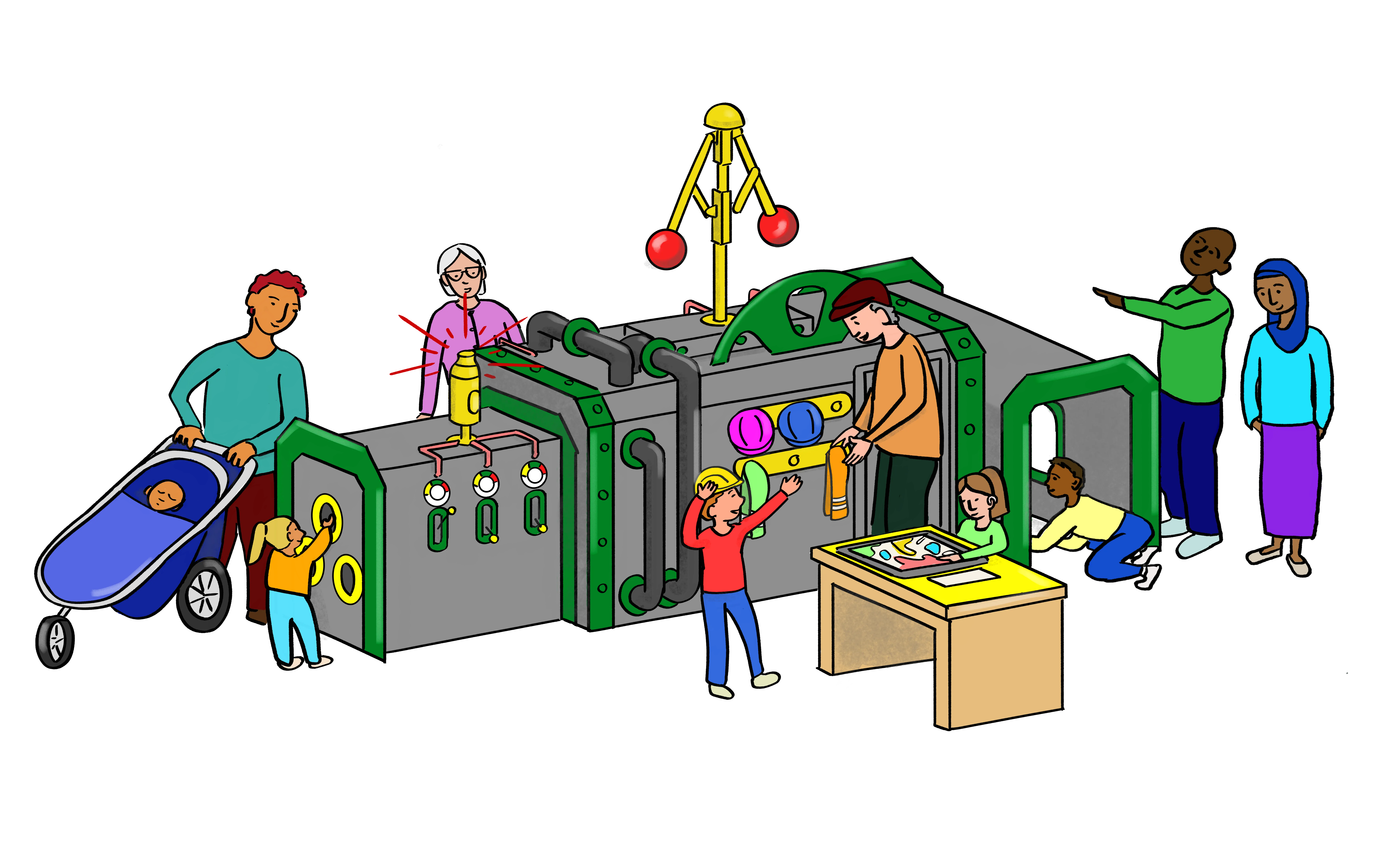 Illustrated instruction board showing visitors using the Care for the Engine interactive