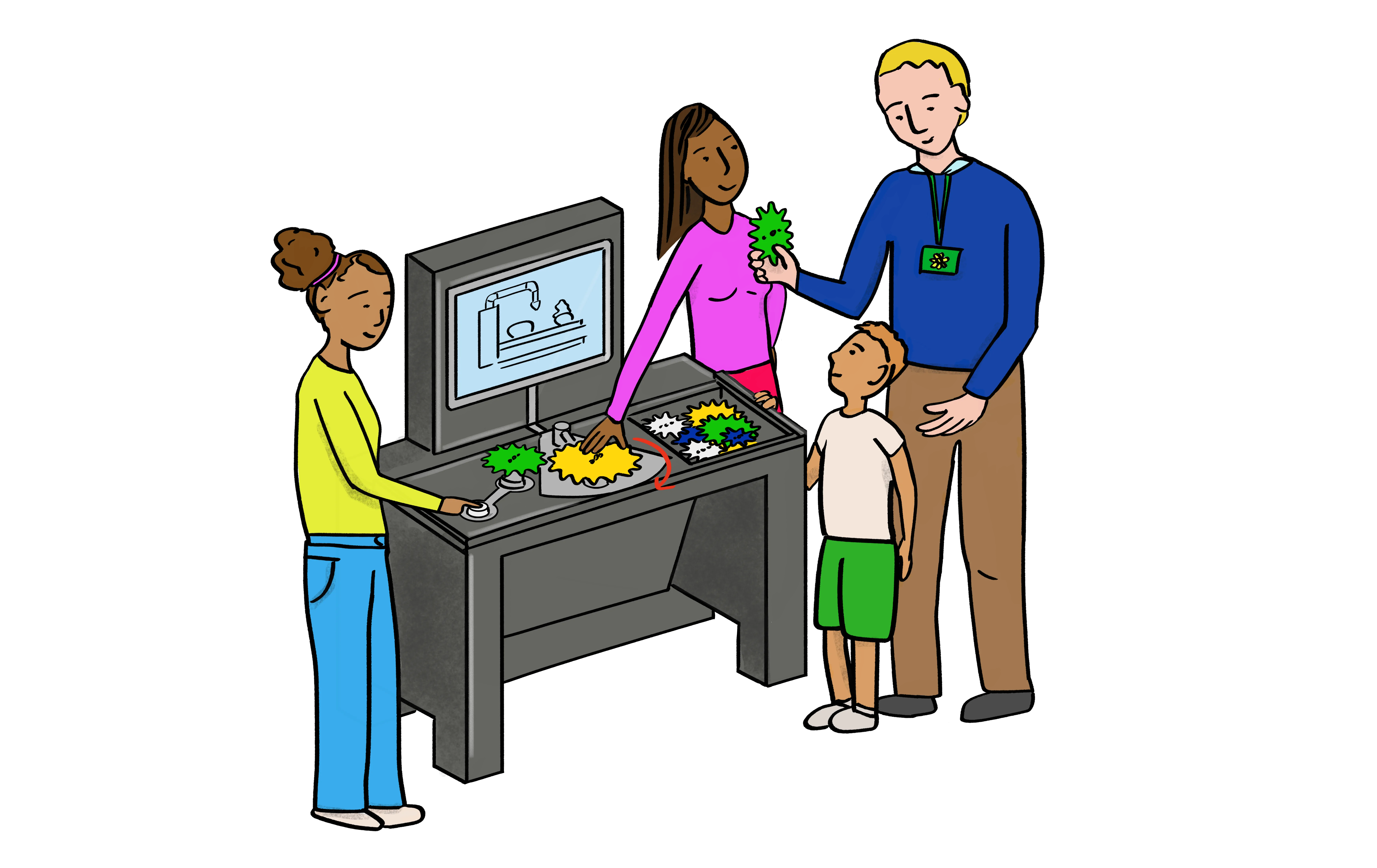 Illustrated instruction board showing a visitor using the Get in Gear interactive