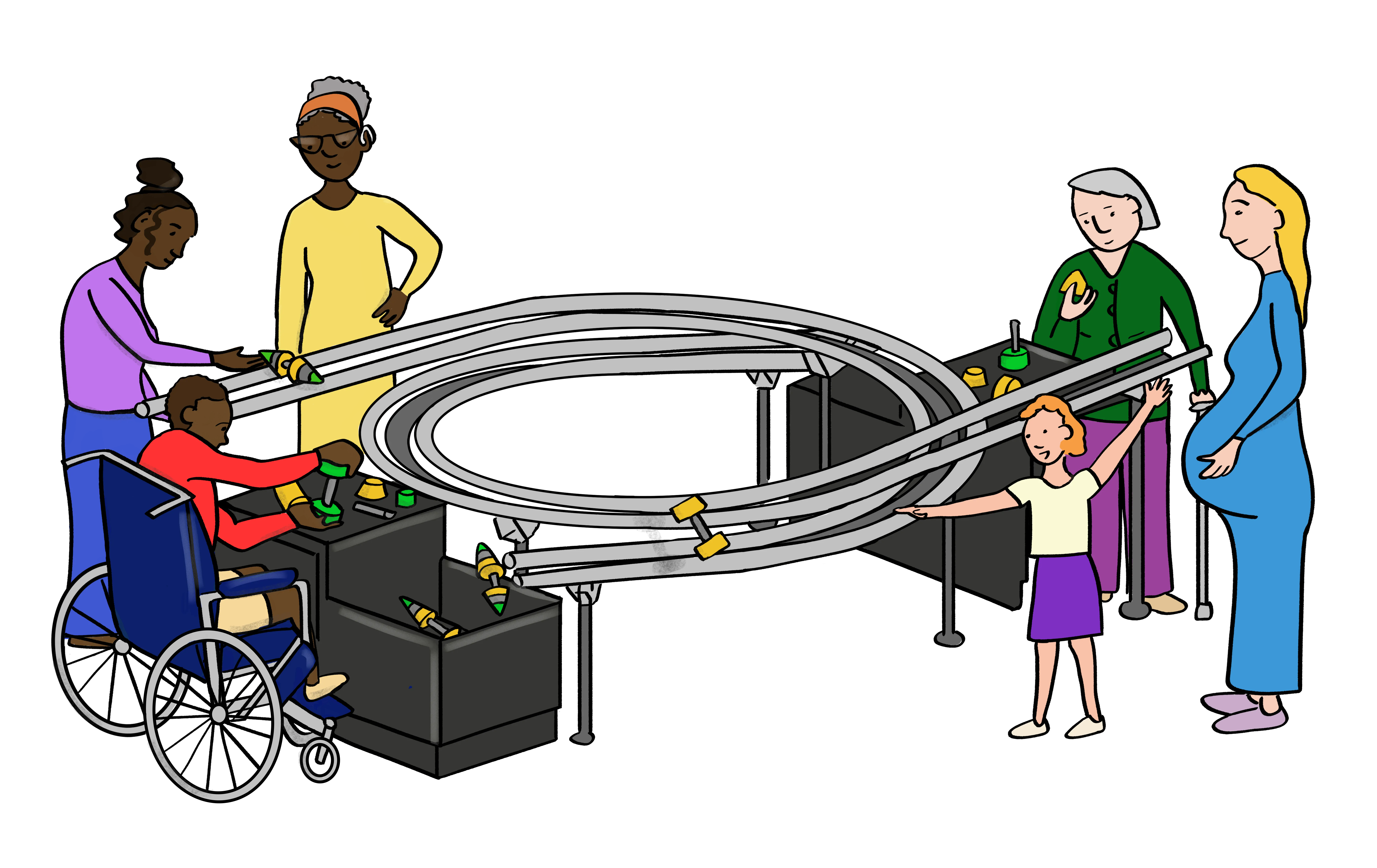 Illustrated instruction board showing visitors using the Stay on Track interactive
